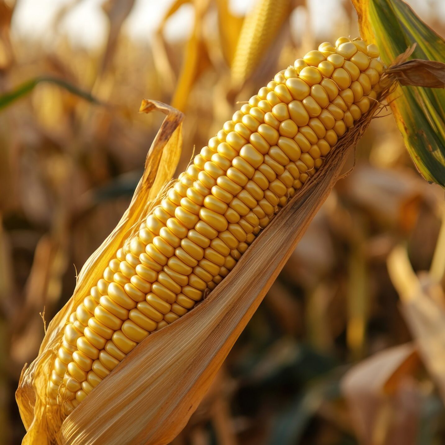 A Corn Ear in a Field of Corn Stalks
