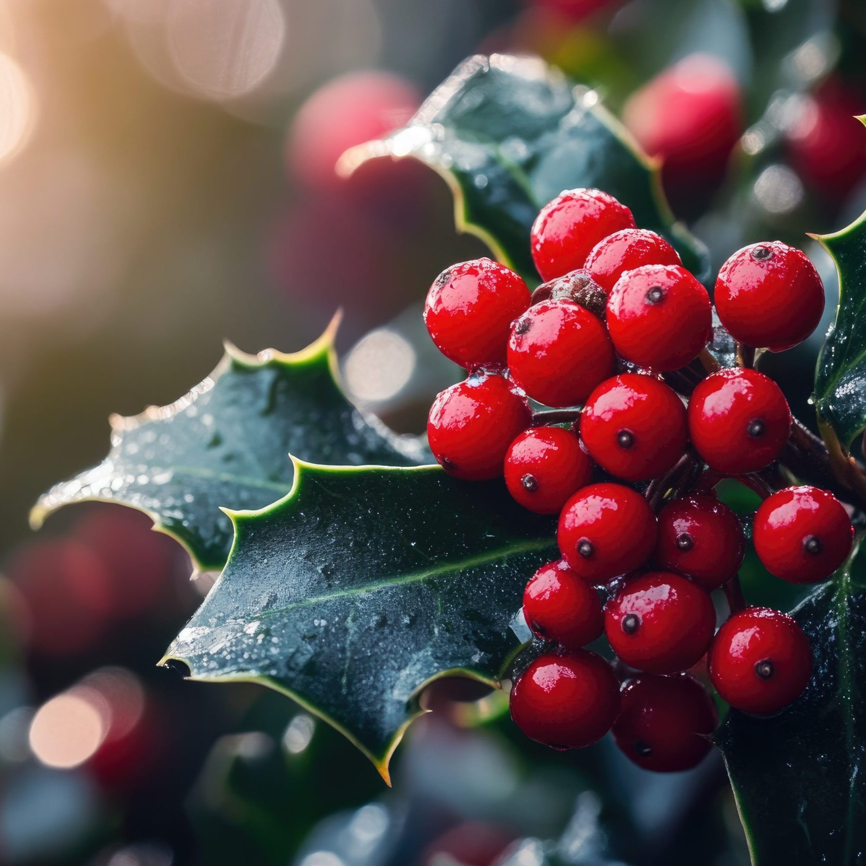 Closeup of Red Berries and Spiky Green Leaves of a Holly Bush