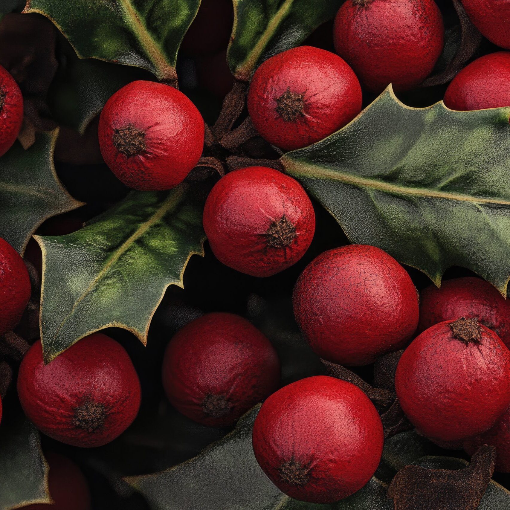 Closeup of Red Holly Berries and Green Leaves