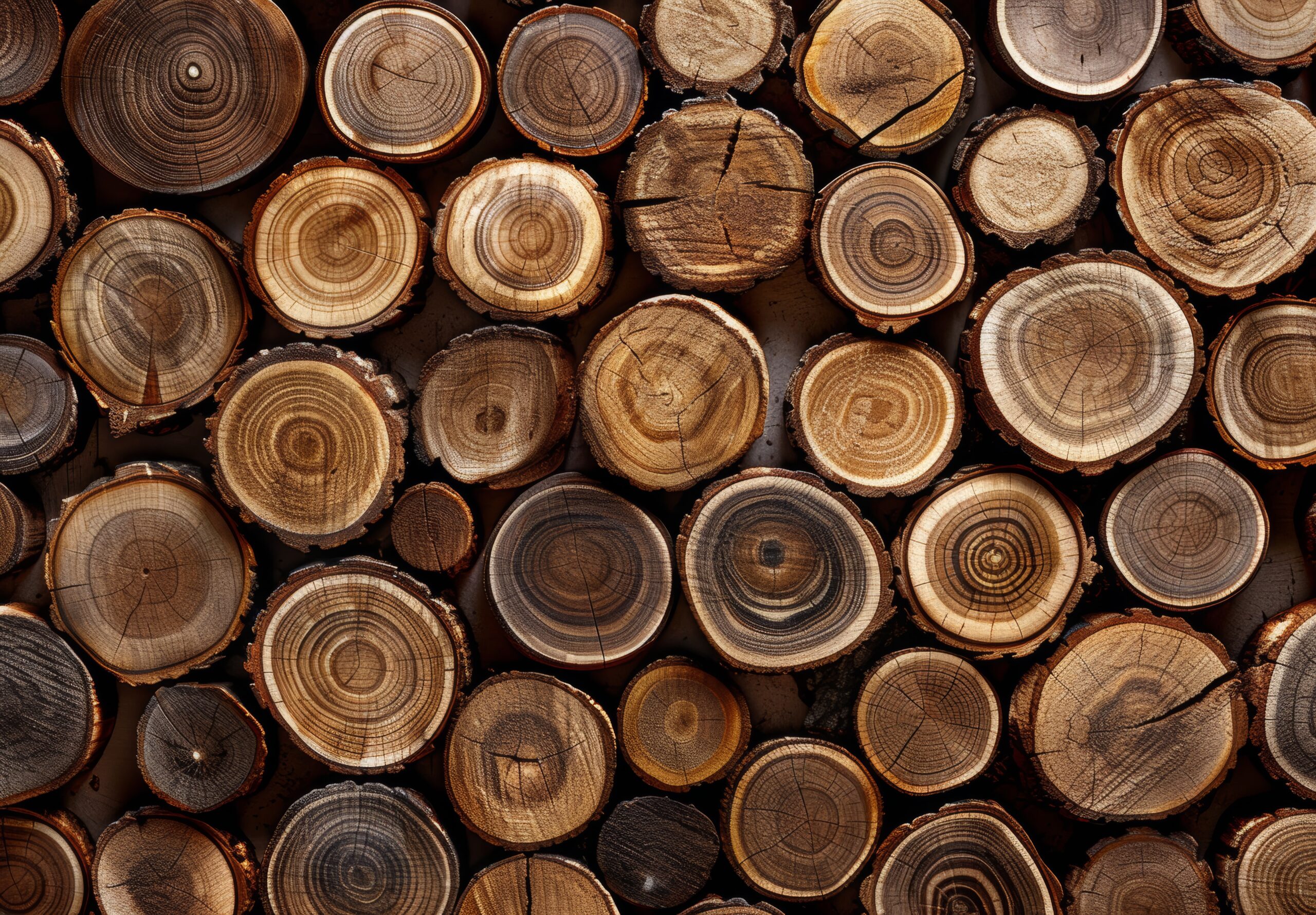 Stacked Wooden Slices Showcasing Natural Grain Patterns and Textures